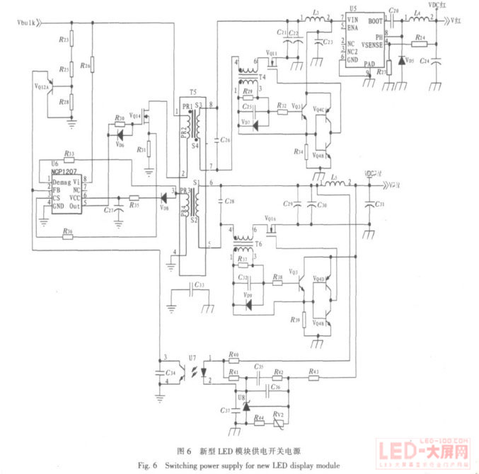 һNLED@ʾģM?f)?  src=http://www.LED-100.com/news/2010/11/image/LED20101122-10.jpg><br></p><br>
<b>3.2 LED c(din)ģKԴԭDO(sh)Ӌ(j)</b><br>
<br>
xNCP1207[2]O(sh)Ӌ(j)LED c(din)ģK_(ki)P(gun)ԴD6 ʾ1 ԓԴVbulk ܣֱ늉370400 VR23R25R28Mɵķ։·ɘݔ늉ϵ늉ֵȻoNCP1207 Ķ(sh)F(xin)ƣ2_(ki)P(gun)VQ14_(ki)ͨr(sh)׃(j)@M(ch)VQ14P(gun)]r(sh)͵μ(j)@M3(j)o@MһNCP1207 늣 һNCP1207 _ṩһ(g)˴̖(ho)4R31_(ki)P(gun)܌(do)ֵͨ5̖(ho)ɣVDC {(ln)Gݔ·@ãĶˣVDC{(ln)GLED(wn)늉ݔ׃μ(j)VDC {(ln)Gݔ늉ͬg(sh) pOܵķ֏(f)pģ6׃μ(j)ݔ·ͬӲͬg(sh)p˓pģȻ(jng)^(gu)һ(g)ݔ{(dio)Buck ׃Q·U5 {(dio)ģݔ(wn)Č(sh)HĹ늉VDC tLED<br>
<br>
D6 ʾ(dng)ݔ늉Vbulk +370 Vɸ(j)wrO(sh)ǡ(dng)ֵ։늉ʹVQ12A (do)ͨأĶP(gun)]NCP1207 ݔ}_NCP1207 ֹͣ ԴֹͣoLED c(din)ģK늣෴(dng)늉+370 Vr(sh)PFC ·VQ12A P(gun)࣬NCP1207  Դ½oLED c(din)ģK늡<br>
<p align="center"><img alt=